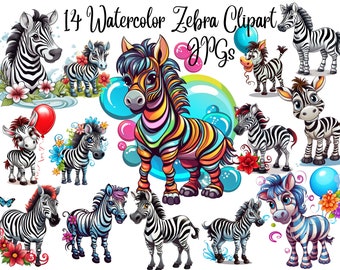 14 Watercolor Zebra Clipart,JPGs ,Zebra Clipart,Zebra  clip art,cute Zebra clipart,African Safari Zoo Animal,Commercial Use,Digital Download