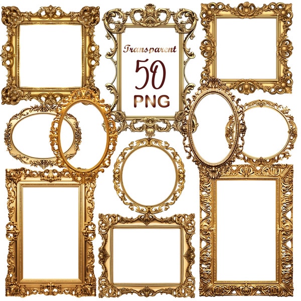 50 Watercolor Gold Frame Clipart PNG, Gold Frame Clipart Bundle,  Transparent Background, Digital Download, PNG Graphics,Commercial Use