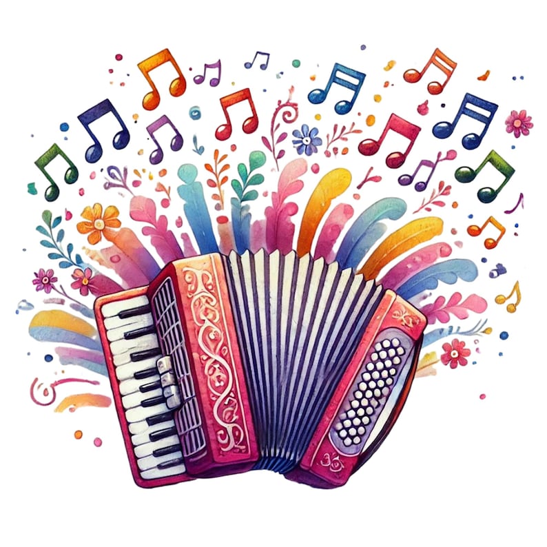 Op de afbeelding: Een rood en zwart accordeon met een bloemen- en muzieknootontwerp. De accordeon is omgeven door kleurrijke aquarelspatten en muzieknoten.