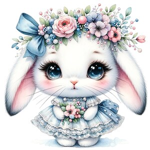 May include: A white bunny with pink ears and blue eyes wearing a blue dress with white lace and a flower crown. The bunny is holding a bouquet of pink flowers.