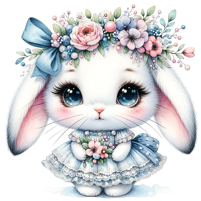 May include: A white bunny with pink ears and blue eyes wearing a blue dress with white lace and a flower crown. The bunny is holding a bouquet of pink flowers.