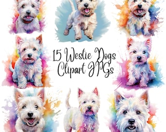 15 Westie Dogs Watercolor Clipart JPGs,High Quality JPGs, West Highland White Terrier, Watercolor Dogs and Puppies for Commercial Use,Cute