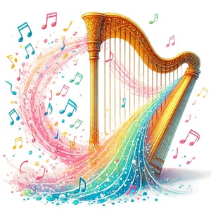 Op de afbeelding: Een gouden harp met een regenboogkleurige stroom van muzieknoten die eruit vloeit. De harp staat op een witte achtergrond.