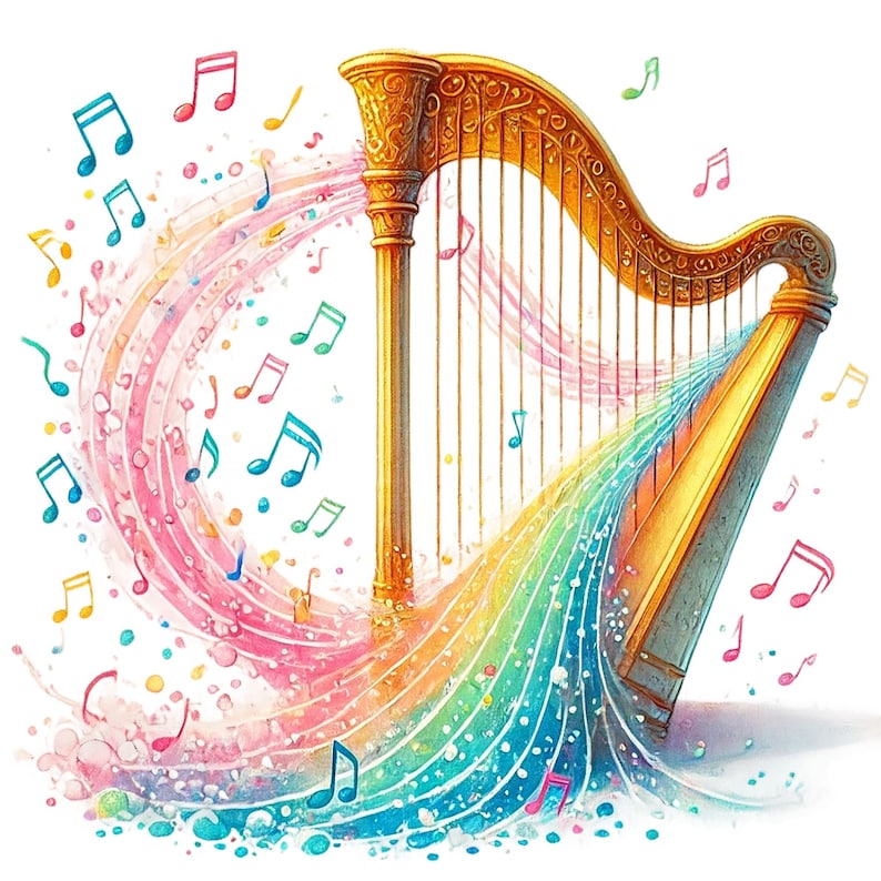 Op de afbeelding: Een gouden harp met een regenboogkleurige stroom van muzieknoten die eruit vloeit. De harp staat op een witte achtergrond.