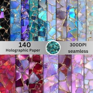 Puede incluir: Una colección de 140 diseños de papel holográfico con un patrón de mosaico. Los diseños presentan varios tonos de azul, morado y rosa, con detalles dorados. El texto "140 Holographic Paper" y "300DPI seamless" también es visible.