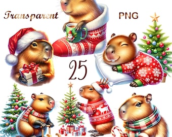 25 PNG Christmas Capybara Clipart Bundle | Cute Holiday Capybaras | Kids Graphics | Instant Download | Commercial Use