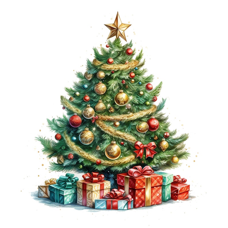 May include: A watercolor illustration of a decorated Christmas tree with a gold star topper, ornaments, and garland. Colorful wrapped gifts with bows are at the base of the tree, creating a festive holiday scene.