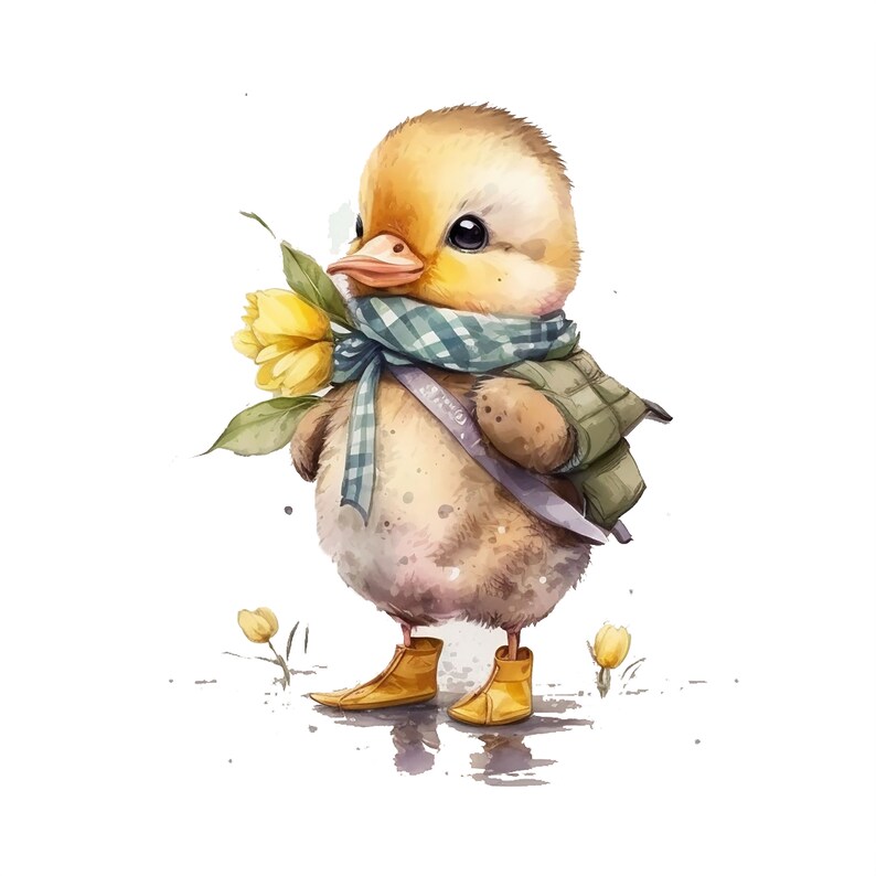 May include: A cute yellow duckling wearing a blue and white checkered scarf and yellow boots, holding a bouquet of yellow flowers.