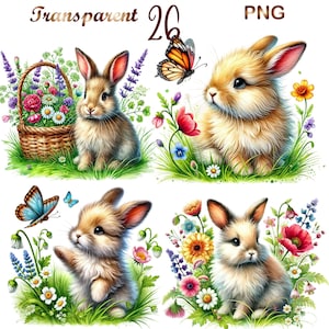 26 PNG Watercolor Rabbit Floral Clipart, Cute Bunny Floral Clipart, Floral bunny clipart, easter bunny png, Bunnies art, cute Bunnies png