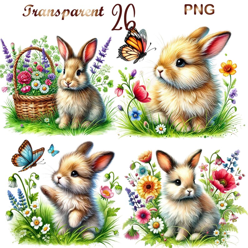 26 PNG Watercolor Rabbit Floral Clipart, Cute Bunny Floral Clipart ...