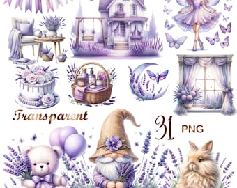 Pacchetto di clipart di lavanda ad acquerello, 31 PNG, giardino floreale viola, grafica di fattoria estiva, biglietti per junk journal