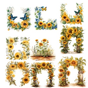 Puede incluir: Nueve ilustraciones de acuarela de arreglos de girasoles. Los arreglos presentan girasoles, mariposas y vegetaci&oacute;n. Algunos de los arreglos tienen la forma de un marco, mientras que otros tienen la forma de un arco.