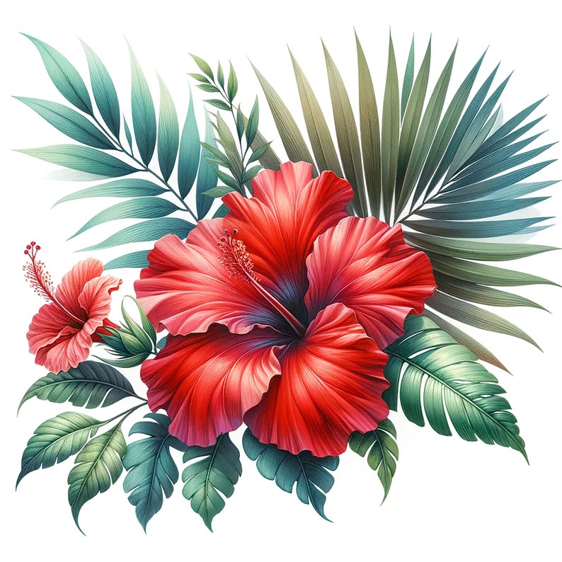 Peut inclure: Une fleur d'hibiscus rouge vif avec des feuilles tropicales vertes. L'hibiscus a un &eacute;tamine pro&eacute;minent et une couleur rouge fonc&eacute;.