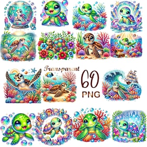 60 PNGs Baby Turtles  Clipart Bundle, Cute Little Turtles Graphics Designs, Tortoise Printables,Instant Digital Download, Commercial Use