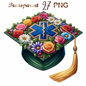 May include: A green graduation cap decorated with colorful flowers and a blue star of life medical symbol. The cap has a gold tassel with the word "EMT" on it.