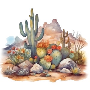 Puede incluir: Pintura acuarela de un paisaje des&eacute;rtico con un cactus verde alto y un grupo de cactus de chumbera con flores naranjas. El fondo presenta una cordillera marr&oacute;n.
