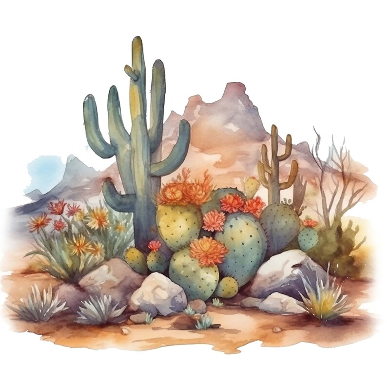 Puede incluir: Pintura acuarela de un paisaje des&eacute;rtico con un cactus verde alto y un grupo de cactus de chumbera con flores naranjas. El fondo presenta una cordillera marr&oacute;n.