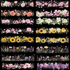May include: A digital collage of 10 different floral borders. Each border features a different type of flower, including roses, sunflowers, lilies, and wildflowers. The borders are all in a horizontal format and are perfect for adding a touch of nature to any design project.