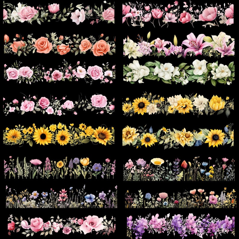 May include: A digital collage of 10 different floral borders. Each border features a different type of flower, including roses, sunflowers, lilies, and wildflowers. The borders are all in a horizontal format and are perfect for adding a touch of nature to any design project.