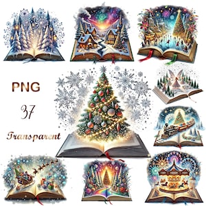 May include: A set of 9 digital illustrations of open books with various winter and Christmas scenes. The scenes include a snowy forest, a Christmas tree, a winter village, a carousel, a train, and a fairy.
