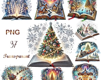 37 PNG, Watercolor Christmas clipart bundle, Christmas Open book, Christmas Clipart,Winter Clipart,Holiday Clipart, Christmas Santa clipart