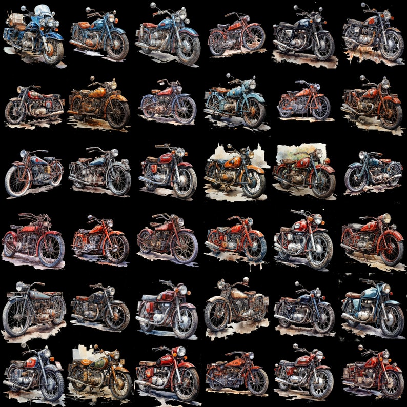 Puede incluir: Una colecci&oacute;n de 36 motocicletas vintage en varios colores y estilos, incluyendo rojo, azul, verde y negro. Las motocicletas son todas de dise&ntilde;o cl&aacute;sico con detalles cromados y asientos de cuero.