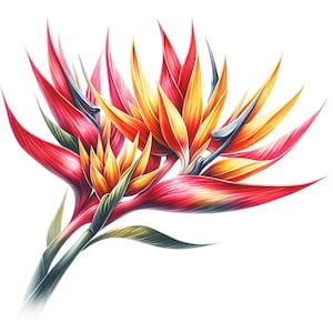 Peut inclure: Une peinture &agrave; l'aquarelle d'un groupe de fleurs d'oiseau de paradis orange et rouge. Les fleurs sont dispos&eacute;es en bouquet avec leurs tiges et leurs feuilles visibles.