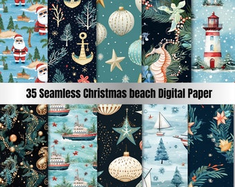 35 Seamless Christmas beach Digital Paper, Fantasy Noel Xmas Pages, Pastel Christmas Ephemera, Download Junk Journal, Scrapbooking