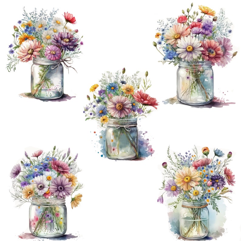 K&ouml;nnte beinhalten: F&uuml;nf Glasvasen gef&uuml;llt mit bunten Wildblumen, jede Vase hat eine einfache Schnur um den Hals gebunden.