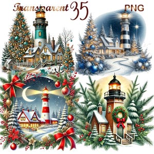 May include: Four digital illustrations of a winter scene with a lighthouse, a house, and a Christmas tree. The illustrations are set against a blue sky with stars and a crescent moon. The lighthouse is lit up and the house has windows that are glowing. The Christmas tree is decorated with ornaments and lights.