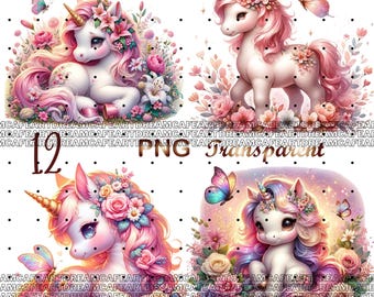 Puede incluir: Un conjunto de cuatro imágenes de clipart digital que presentan unicornios rosas con coronas florales y detalles de mariposas. Los unicornios están rodeados de flores rosas y blancas. Las imágenes están sobre un fondo blanco con lunares negros.