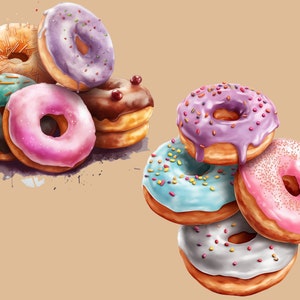 May include: A colourful assortment of doughnuts with various toppings, including sprinkles, chocolate, and frosting. The doughnuts are arranged in two stacks, with one stack of four doughnuts and another stack of three doughnuts.