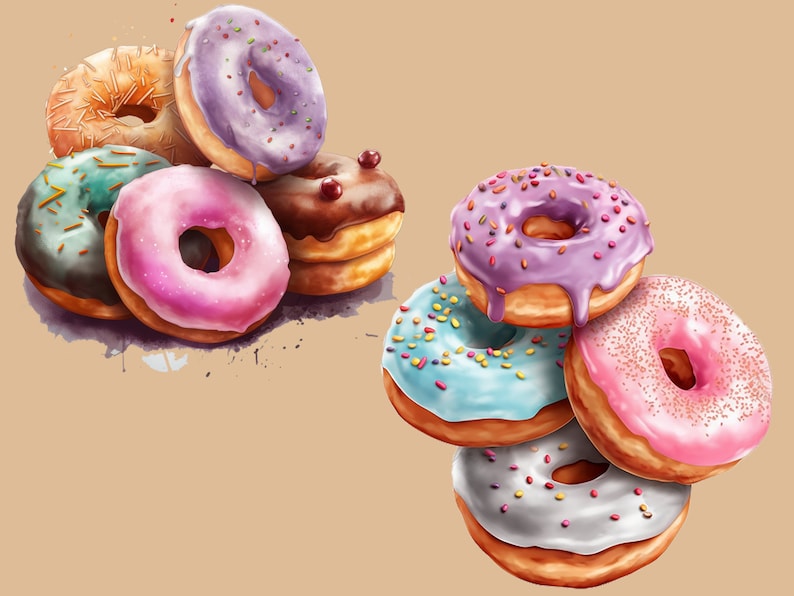 May include: A colourful assortment of doughnuts with various toppings, including sprinkles, chocolate, and frosting. The doughnuts are arranged in two stacks, with one stack of four doughnuts and another stack of three doughnuts.