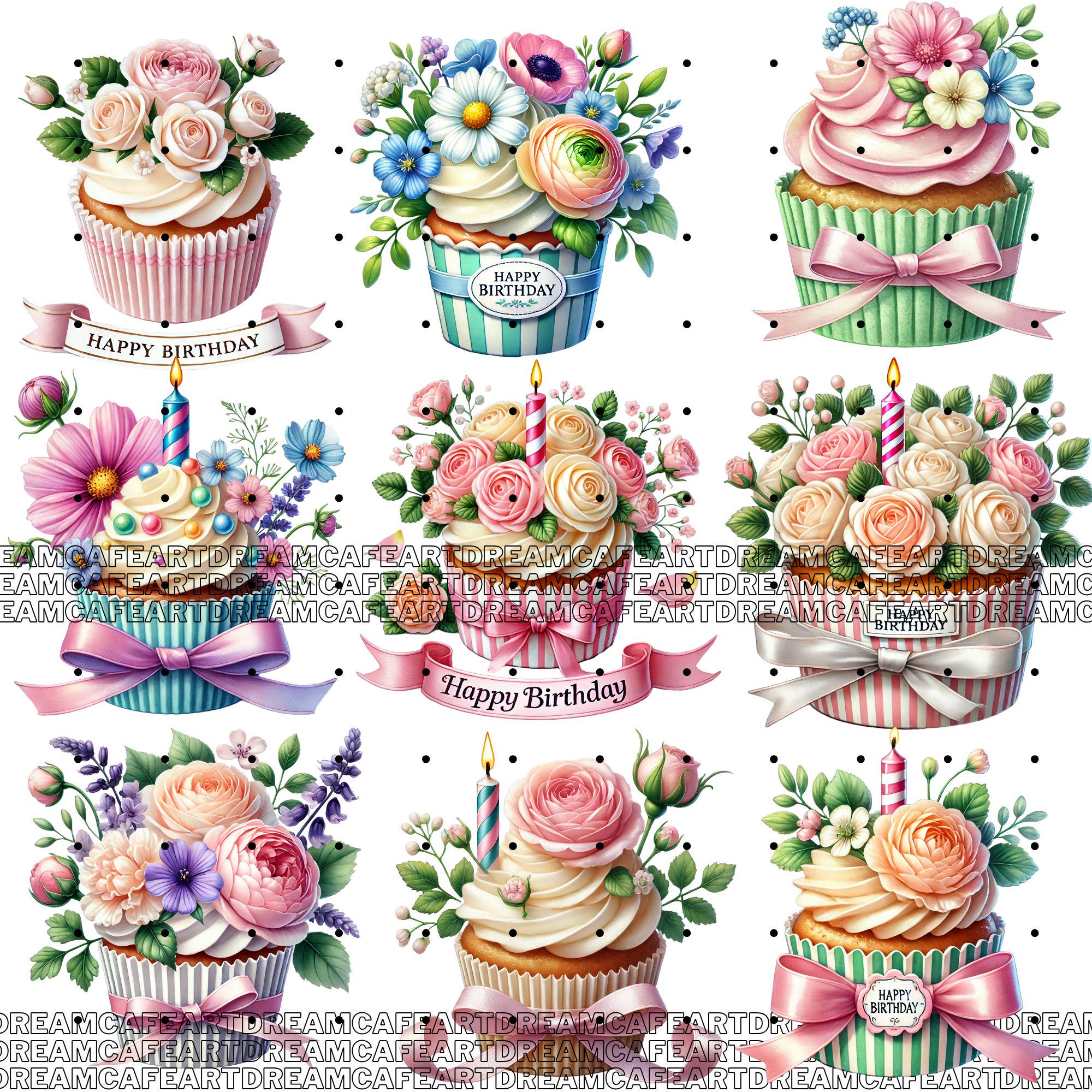 140 PNG Floral Cupcake Clipart Bundle – Watercolor Birthday Cupcakes ...