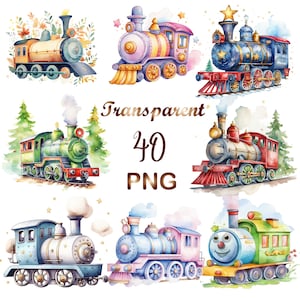 May include: A set of ten watercolor illustrations of cartoon trains. The trains are in various colors, including blue, green, red, yellow, and pink. Each train has a different design and features, such as smoke stacks, wheels, and windows. The illustrations are perfect for use in children's books, crafts, or other creative projects.