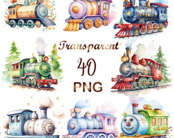 Puede incluir: Un conjunto de diez ilustraciones de acuarela de trenes de dibujos animados. Los trenes son de varios colores, incluidos azul, verde, rojo, amarillo y rosa. Cada tren tiene un diseño y características diferentes, como chimeneas, ruedas y ventanas. Las ilustraciones son perfectas para usar en libros para niños, manualidades u otros proyectos creativos.