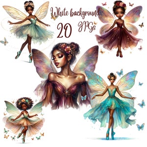 20 JPGs  Black Fairy Girl Clipart, Watercolor Black ballerina Girl, Black Fairy Melanin Cliparts,Fairy clipart,Fantasy clipart, FairyTale
