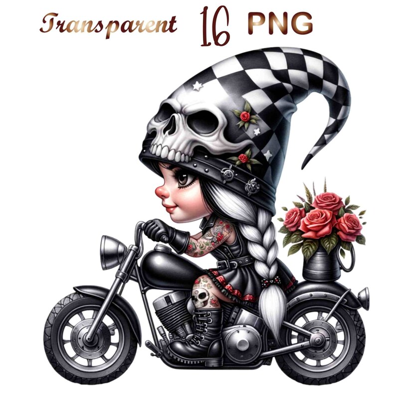 May include: A cartoon illustration of a girl with a skull-shaped helmet and a checkered hat riding a motorcycle. She has a braid and tattoos on her arms and legs. The motorcycle has a sidecar with a bouquet of red roses.