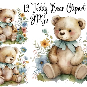Pode incluir: Ilustrações em aquarela de ursinhos de pelúcia rodeados por flores coloridas. Cada urso usa um laço azul e senta-se entre várias flores. O texto "12 Teddy Bear Clipart JPGs" é exibido no topo.