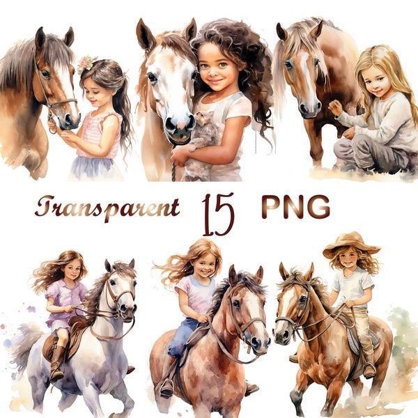 Watercolor Girl Riding Horse Clipart PNG, Transparent PNG, Digital Download, Card Making, Cute girl clipart Illustration, Commercial Use