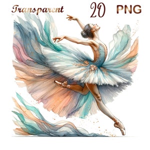 May include: A watercolour painting of a ballerina in a white tutu with a blue bodice, leaping through the air. The background is a swirl of blue, green, and pink watercolour.