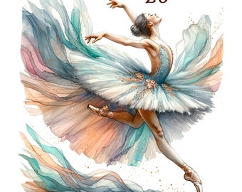 May include: A watercolour painting of a ballerina in a white tutu with a blue bodice, leaping through the air. The background is a swirl of blue, green, and pink watercolour.