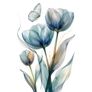 May include: Watercolor painting of blue tulips with a butterfly. The tulips are translucent and have a soft, ethereal quality. The butterfly is white with black markings and is perched on one of the tulips.