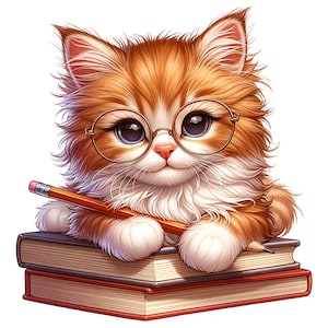 Puede incluir: Un lindo gatito naranja y blanco con gafas redondas se sienta en una pila de libros con un l&aacute;piz en sus patas.