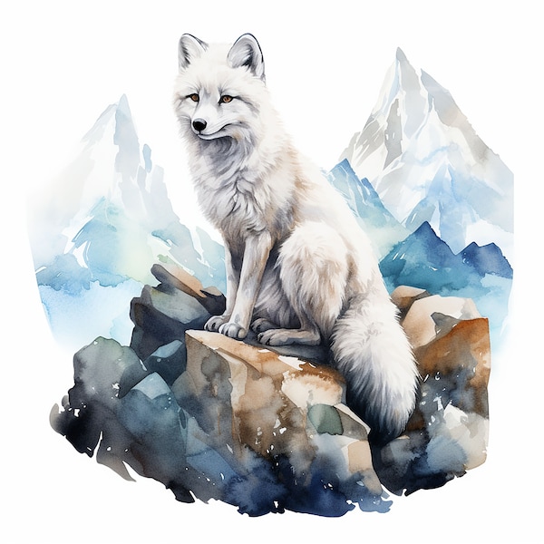 19 Winter Arctic Fox Clipart JPGs, Printable Watercolor clipart, Winter Arctic Fox, Digital download,High resolution,Paper crafts