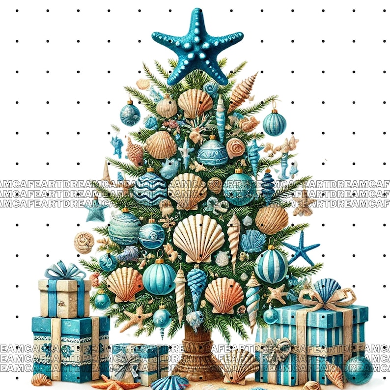 May include: A Christmas tree decorated with seashells, starfish, and blue and white ornaments. The tree is surrounded by wrapped gifts with blue and white stripes.