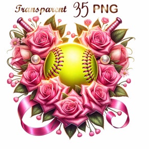May include: A yellow softball with pink roses and a pink ribbon around it. The softball is surrounded by pink roses and green leaves. There are two pink baseball bats on either side of the softball.