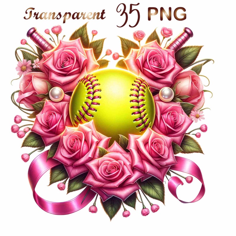 May include: A yellow softball with pink roses and a pink ribbon around it. The softball is surrounded by pink roses and green leaves. There are two pink baseball bats on either side of the softball.