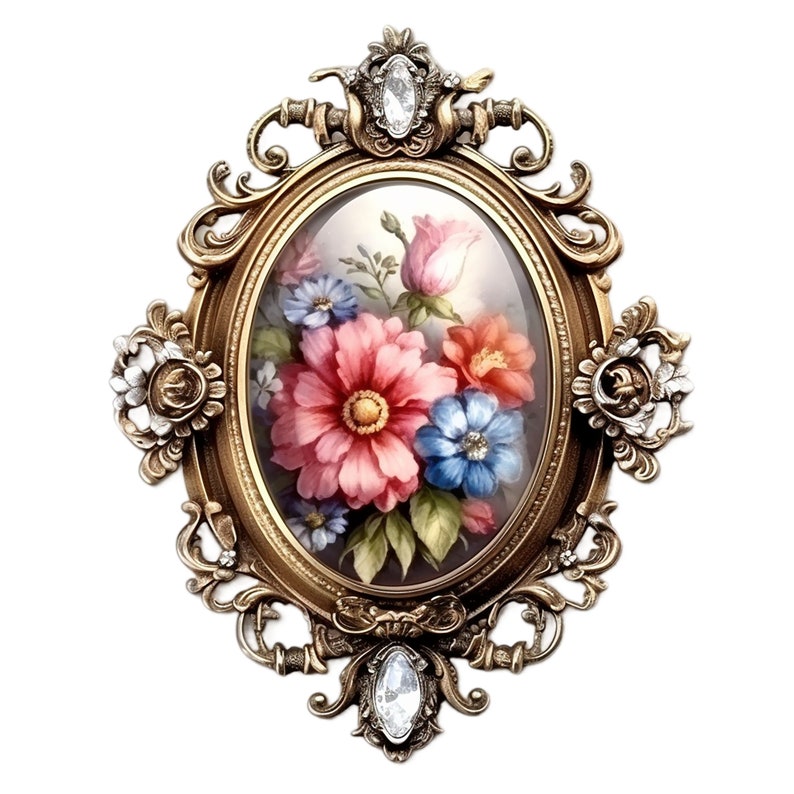 May include: An oval-shaped, gold-toned picture frame with ornate details and a floral painting inside. The painting features pink, blue, and white flowers with green leaves on a cream background.