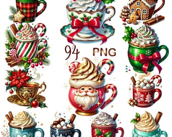 Christmas Drinks Clipart bundle, 94  PNG set 3 Festive Beverage Illustrations designs, Instant Digital Download, Unlimited Commercial Use